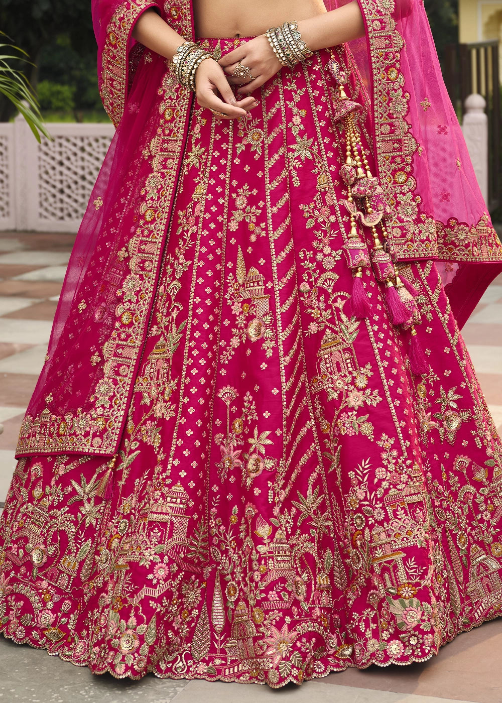 Magenta Pink Banarasi Silk Bridal Lehenga with Exquisite Khatli & Hand Embroidery