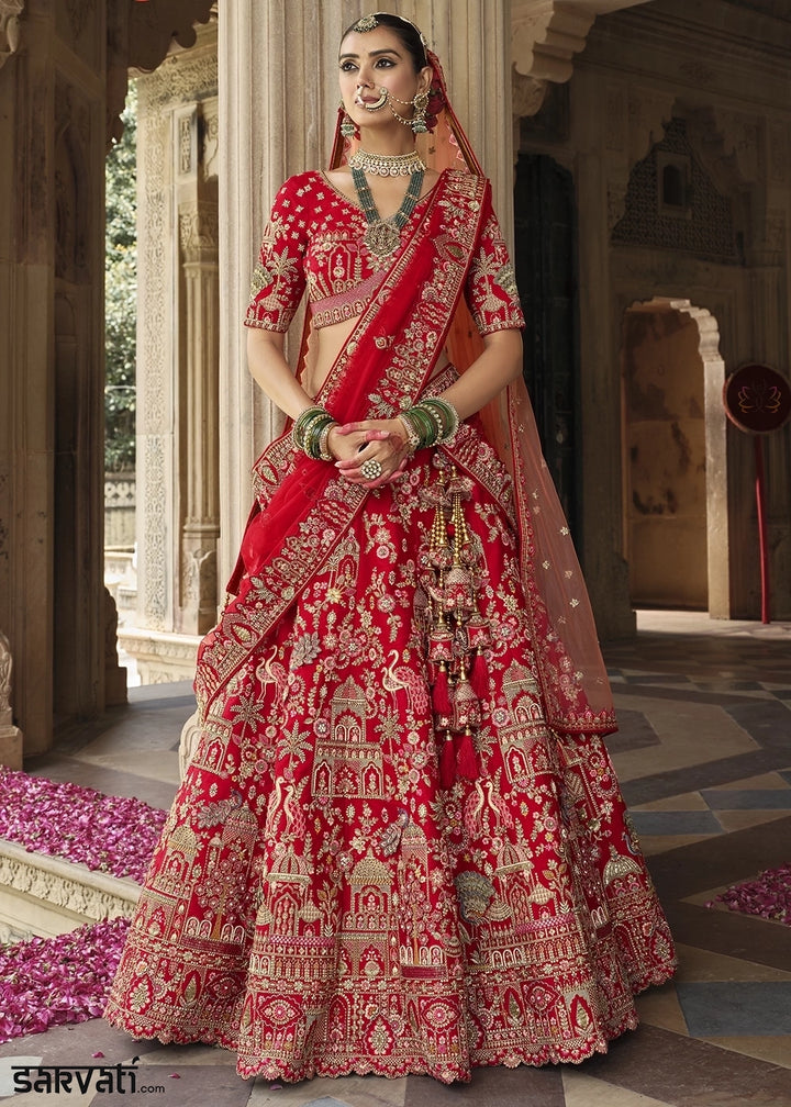 Crimson Red Banarasi Silk Bridal Lehenga with Exquisite Khatli & Hand Embroidery