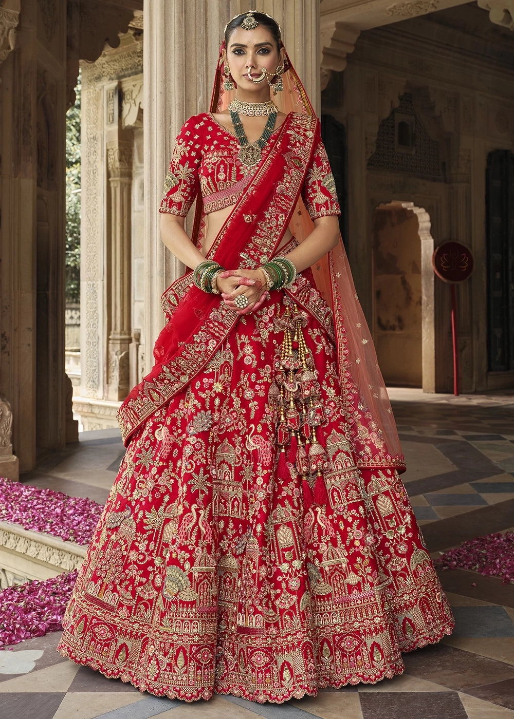 Crimson Red Banarasi Silk Bridal Lehenga with Exquisite Khatli & Hand Embroidery
