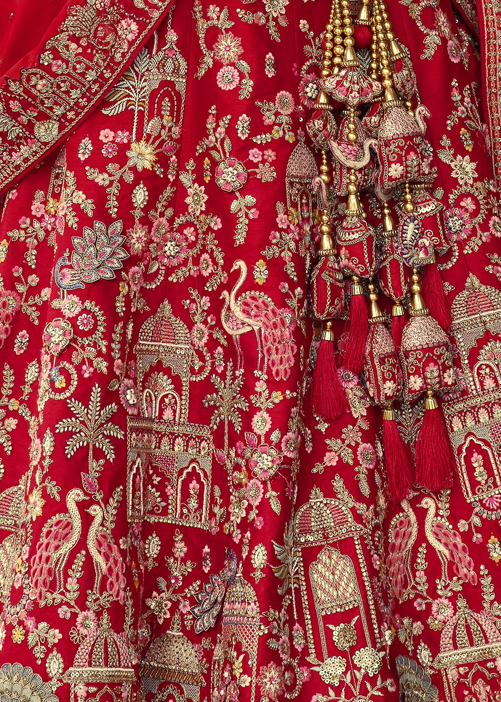 Crimson Red Banarasi Silk Bridal Lehenga with Exquisite Khatli & Hand Embroidery