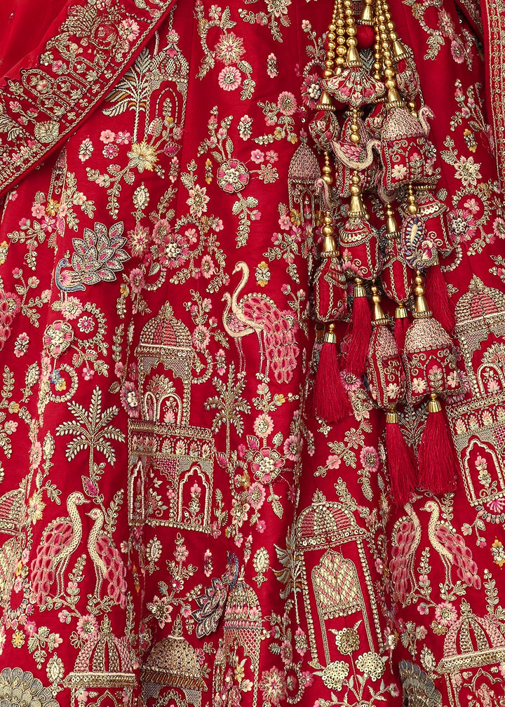 Crimson Red Banarasi Silk Bridal Lehenga with Exquisite Khatli & Hand Embroidery