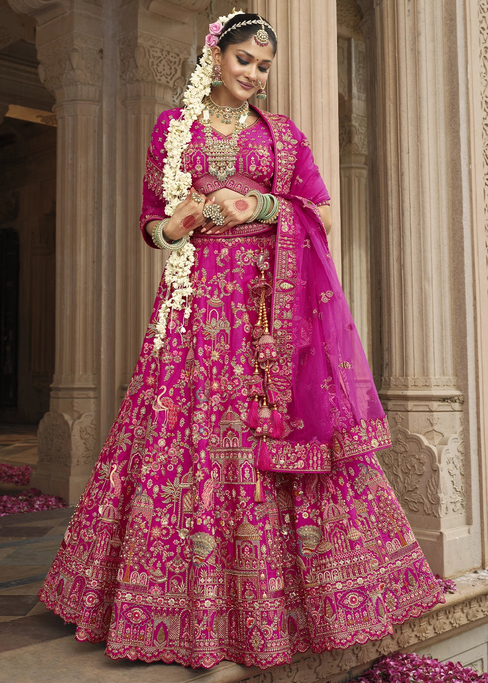 Hot Pink Banarasi Silk Bridal Lehenga with Exquisite Khatli & Hand Embroidery
