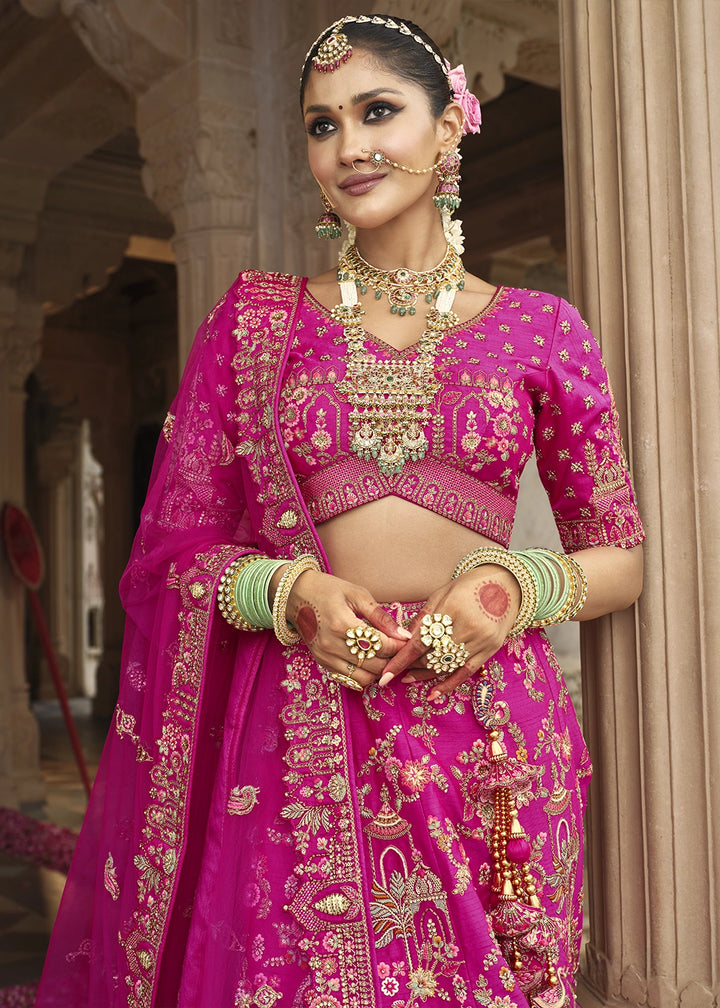 Hot Pink Banarasi Silk Bridal Lehenga with Exquisite Khatli & Hand Embroidery