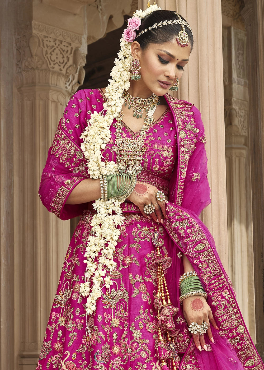 Hot Pink Banarasi Silk Bridal Lehenga with Exquisite Khatli & Hand Embroidery