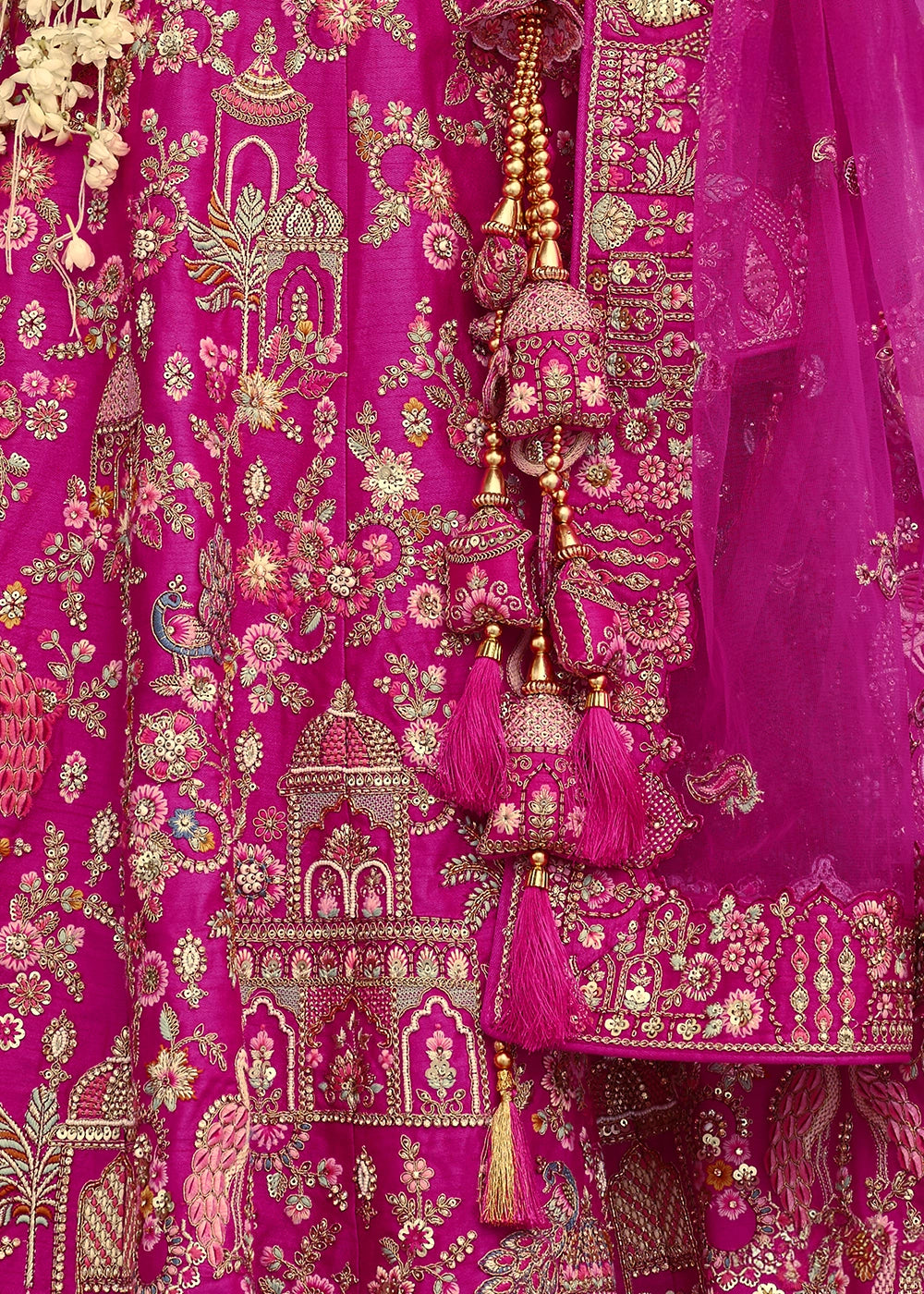 Hot Pink Banarasi Silk Bridal Lehenga with Exquisite Khatli & Hand Embroidery
