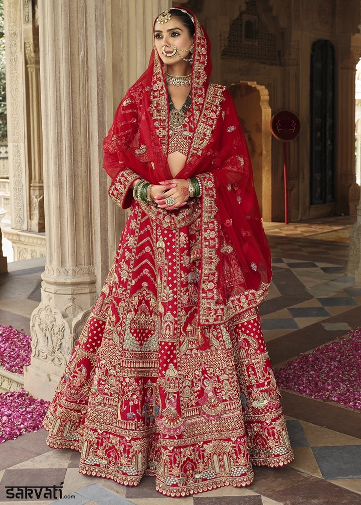 Lipstick Red Banarasi Silk Bridal Lehenga with Exquisite Khatli & Hand Embroidery