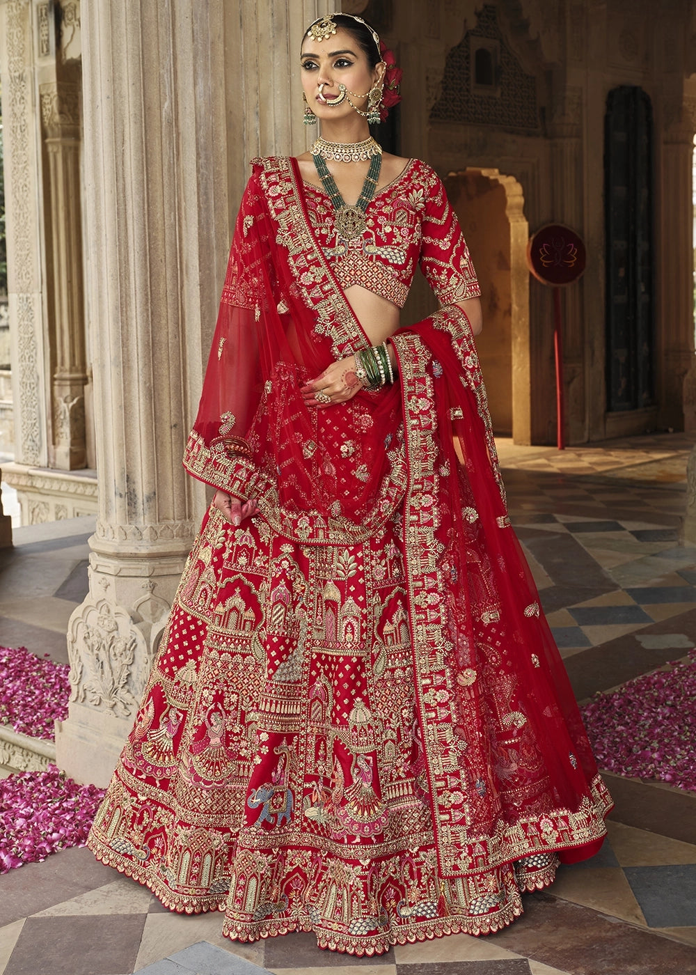 Lipstick Red Banarasi Silk Bridal Lehenga with Exquisite Khatli & Hand Embroidery