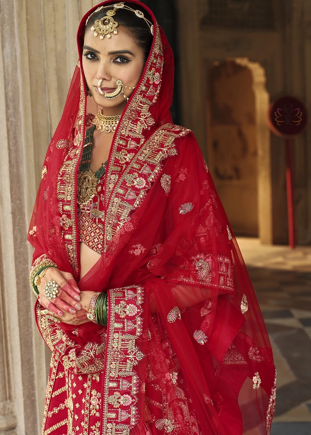 Lipstick Red Banarasi Silk Bridal Lehenga with Exquisite Khatli & Hand Embroidery
