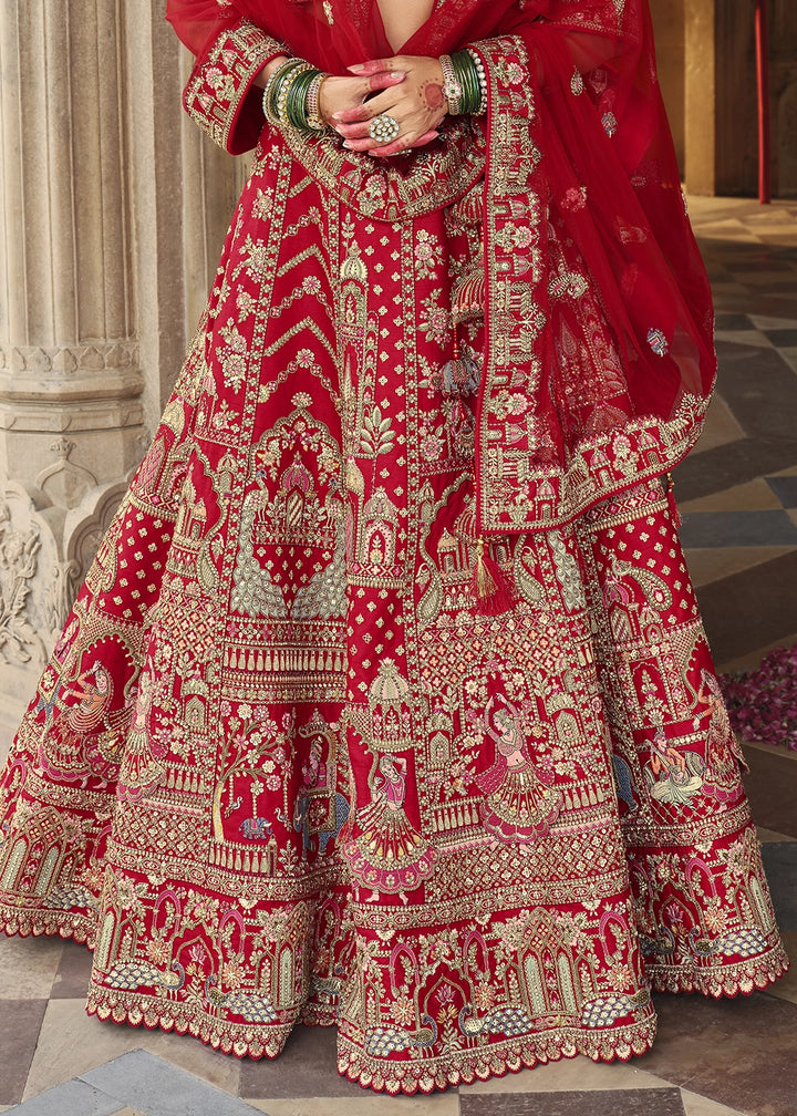 Lipstick Red Banarasi Silk Bridal Lehenga with Exquisite Khatli & Hand Embroidery