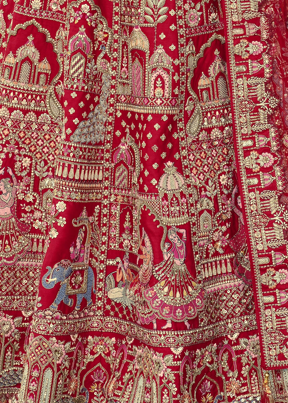 Lipstick Red Banarasi Silk Bridal Lehenga with Exquisite Khatli & Hand Embroidery