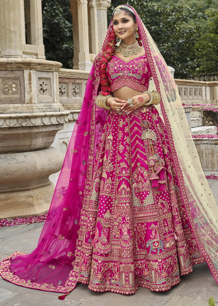 Bright Pink Banarasi Silk Bridal Lehenga with Exquisite Khatli & Hand Embroidery
