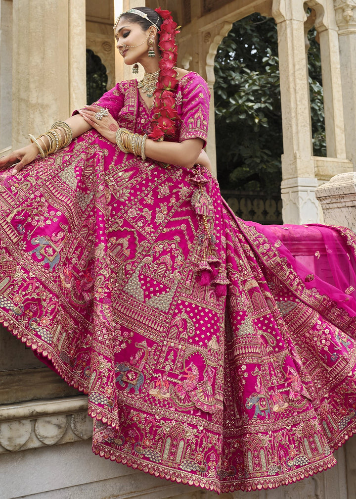 Bright Pink Banarasi Silk Bridal Lehenga with Exquisite Khatli & Hand Embroidery