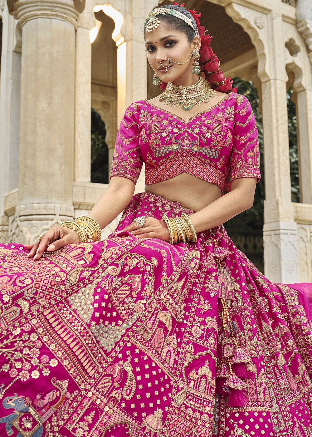 Bright Pink Banarasi Silk Bridal Lehenga with Exquisite Khatli & Hand Embroidery