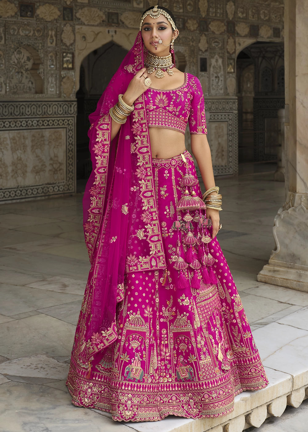 Deep Pink Banarasi Silk Bridal Lehenga with Exquisite Khatli & Hand Embroidery
