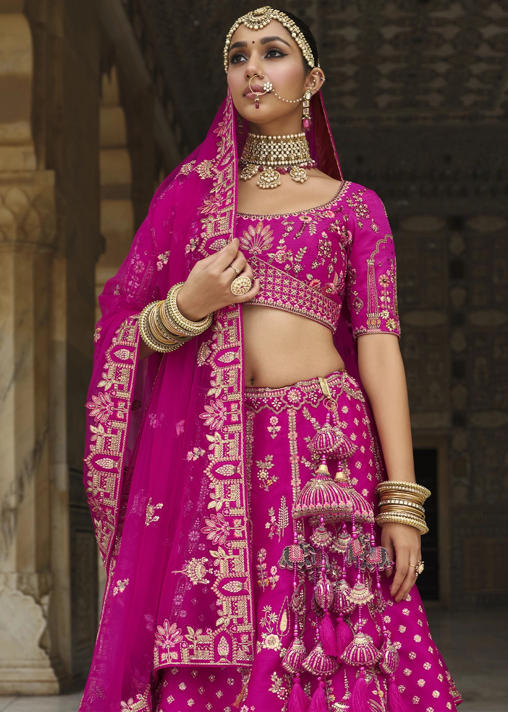 Deep Pink Banarasi Silk Bridal Lehenga with Exquisite Khatli & Hand Embroidery