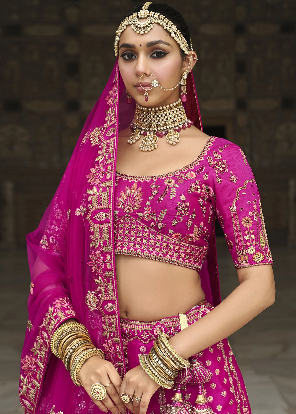 Deep Pink Banarasi Silk Bridal Lehenga with Exquisite Khatli & Hand Embroidery