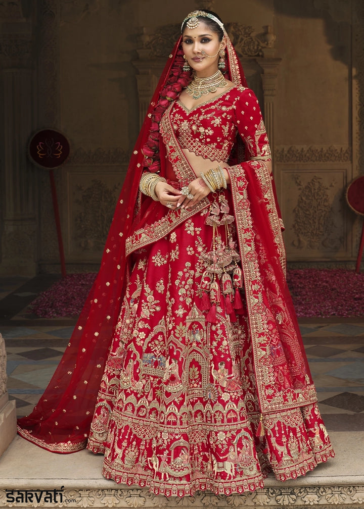 Scarlet Red Banarasi Silk Bridal Lehenga with Exquisite Khatli & Hand Embroidery