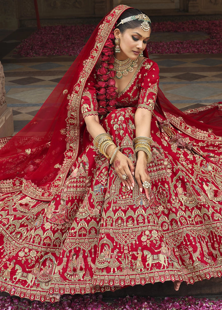 Scarlet Red Banarasi Silk Bridal Lehenga with Exquisite Khatli & Hand Embroidery
