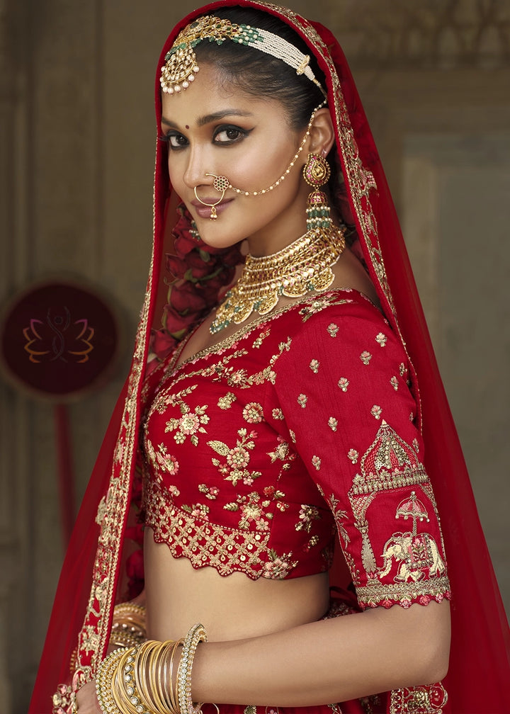 Scarlet Red Banarasi Silk Bridal Lehenga with Exquisite Khatli & Hand Embroidery