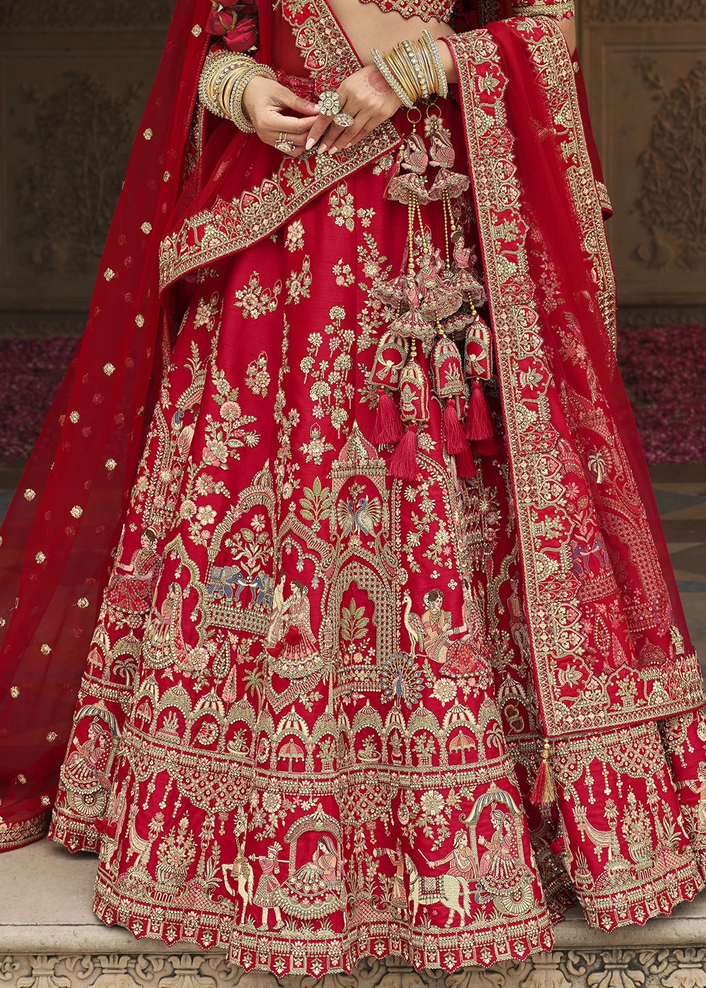 Scarlet Red Banarasi Silk Bridal Lehenga with Exquisite Khatli & Hand Embroidery