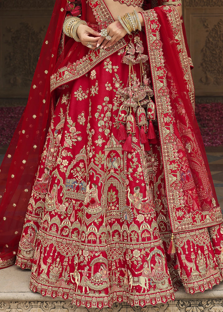 Scarlet Red Banarasi Silk Bridal Lehenga with Exquisite Khatli & Hand Embroidery
