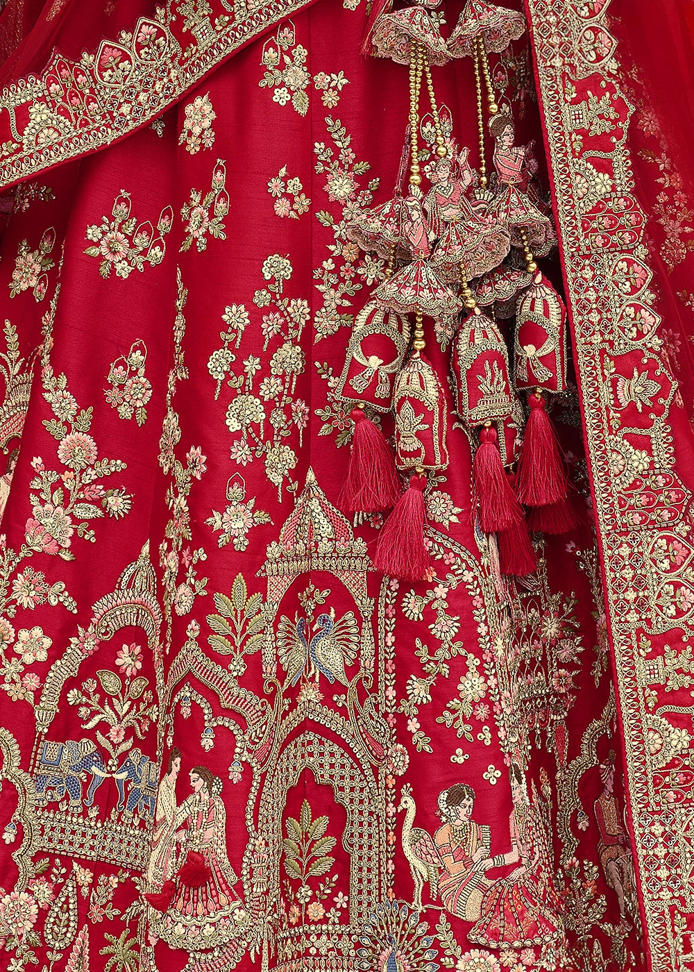 Scarlet Red Banarasi Silk Bridal Lehenga with Exquisite Khatli & Hand Embroidery