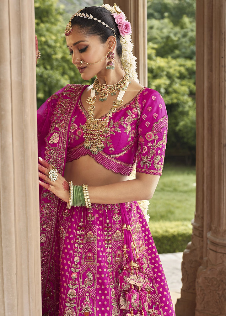 Barbie Pink Banarasi Silk Bridal Lehenga with Exquisite Khatli & Hand Embroidery