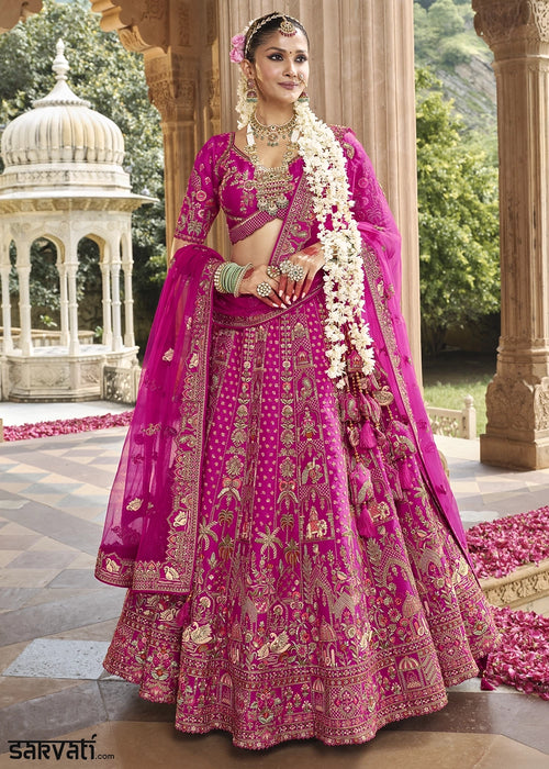Barbie Pink Banarasi Silk Bridal Lehenga with Exquisite Khatli & Hand Embroidery