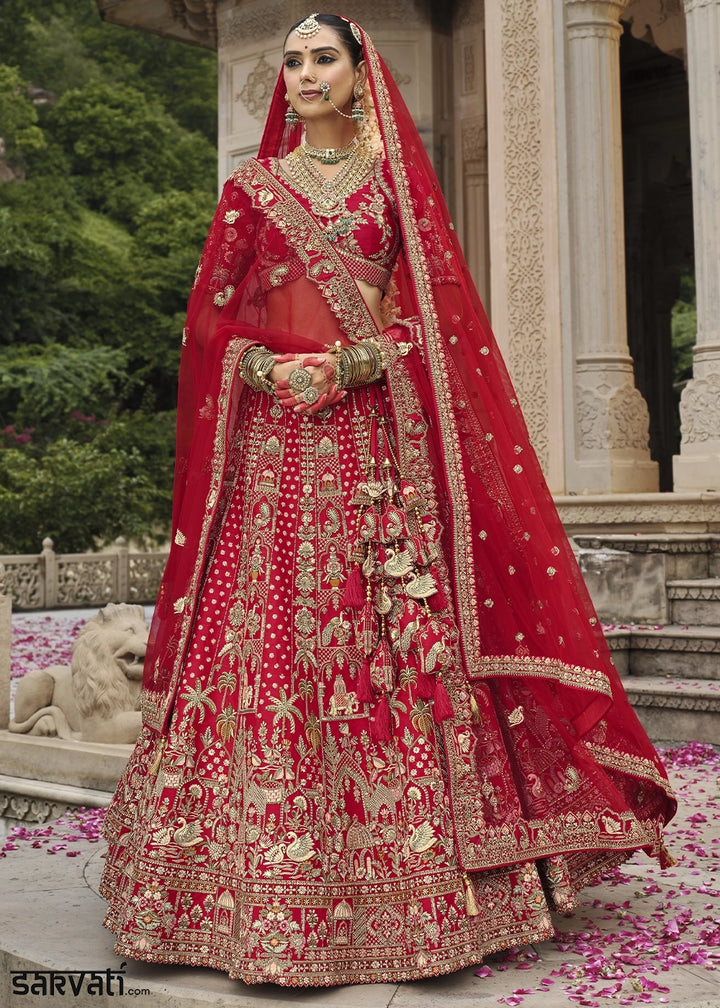 Crimson Red Banarasi Silk Bridal Lehenga with Exquisite Khatli & Hand Embroidery