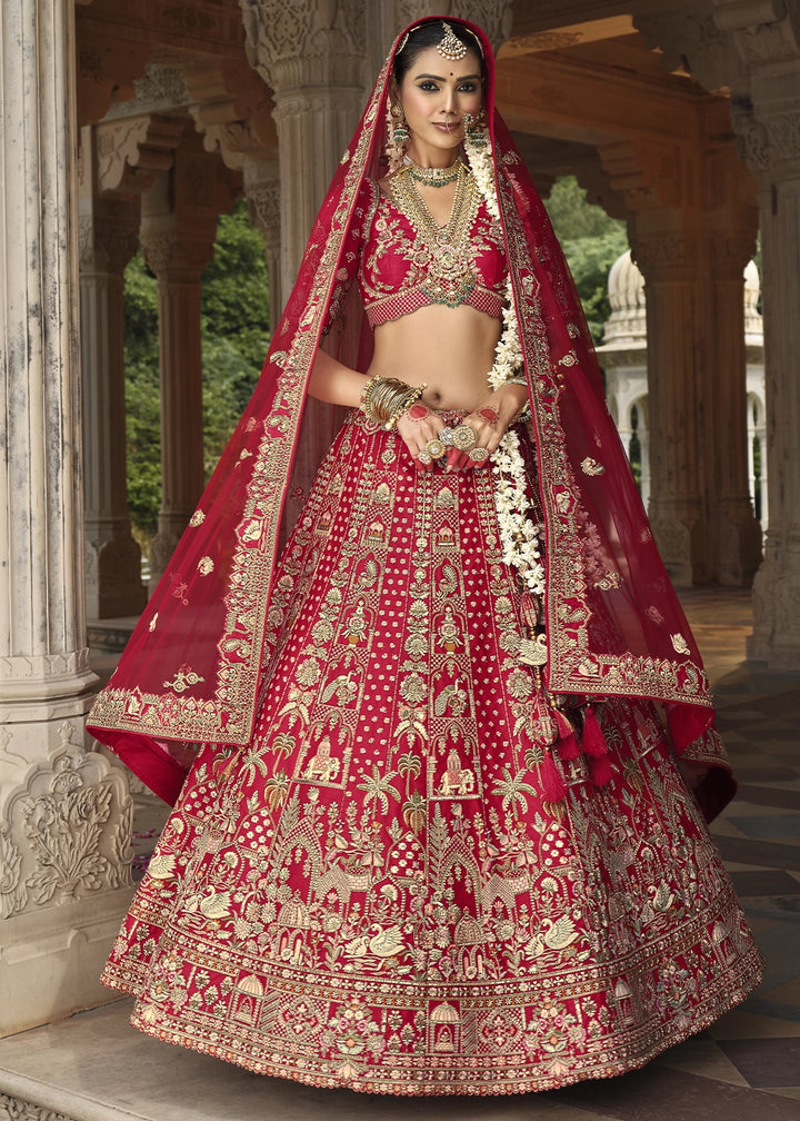 Crimson Red Banarasi Silk Bridal Lehenga with Exquisite Khatli & Hand Embroidery