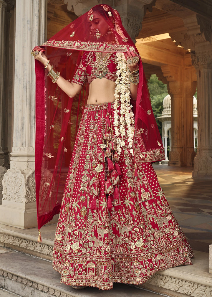 Crimson Red Banarasi Silk Bridal Lehenga with Exquisite Khatli & Hand Embroidery