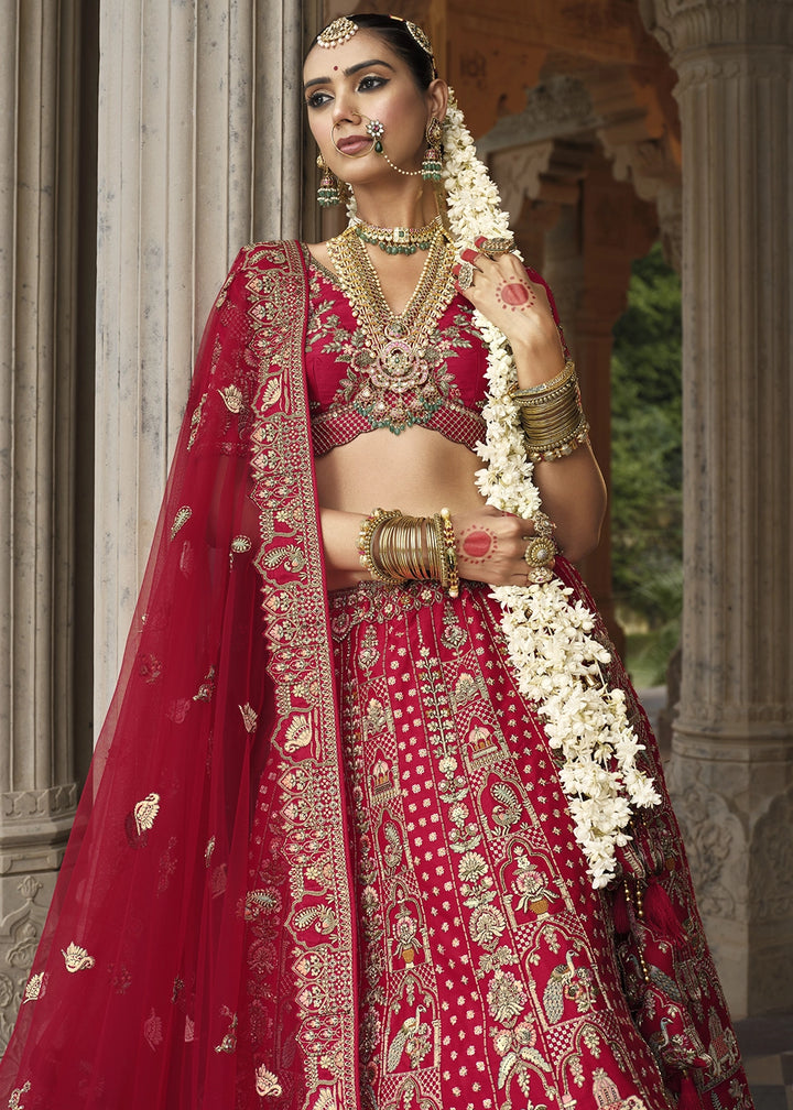 Crimson Red Banarasi Silk Bridal Lehenga with Exquisite Khatli & Hand Embroidery