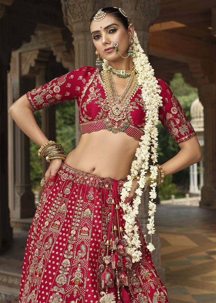 Crimson Red Banarasi Silk Bridal Lehenga with Exquisite Khatli & Hand Embroidery