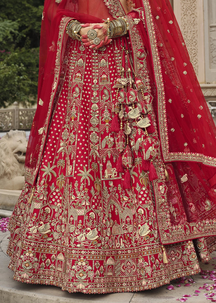 Crimson Red Banarasi Silk Bridal Lehenga with Exquisite Khatli & Hand Embroidery