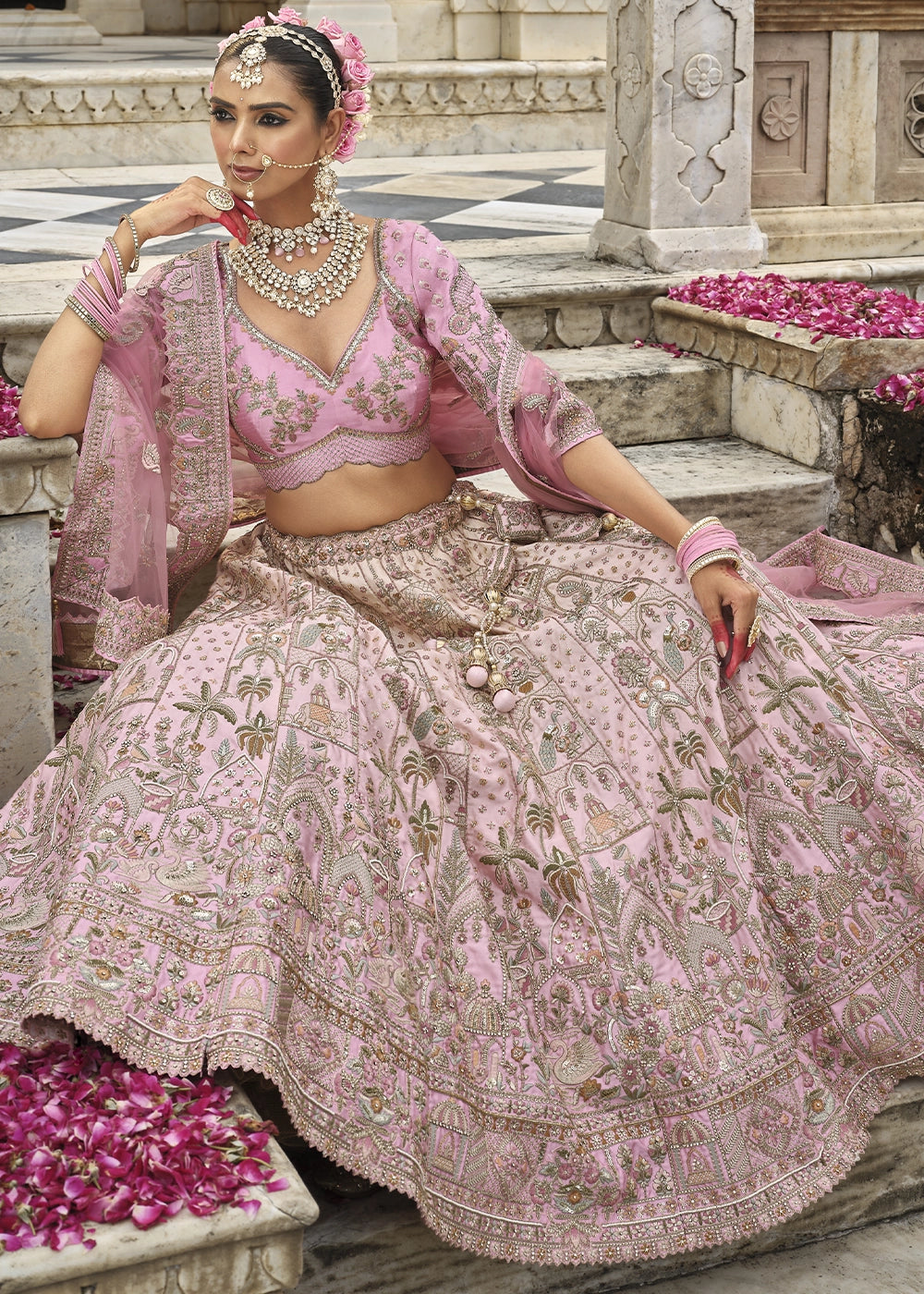 Shades Of Pink Banarasi Silk Bridal Lehenga with Exquisite Khatli & Hand Embroidery