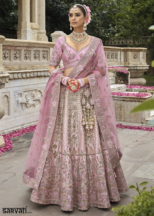 Shades Of Pink Banarasi Silk Bridal Lehenga with Exquisite Khatli & Hand Embroidery