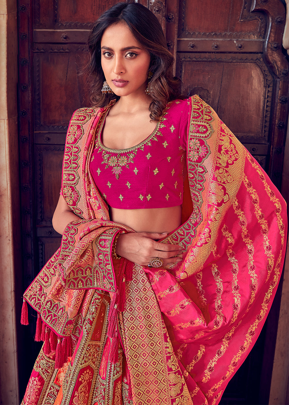 Raspberry Pink Banarasi Silk Lehenga with Zari, Sequins, Khatliwork & Detailed Embroidery