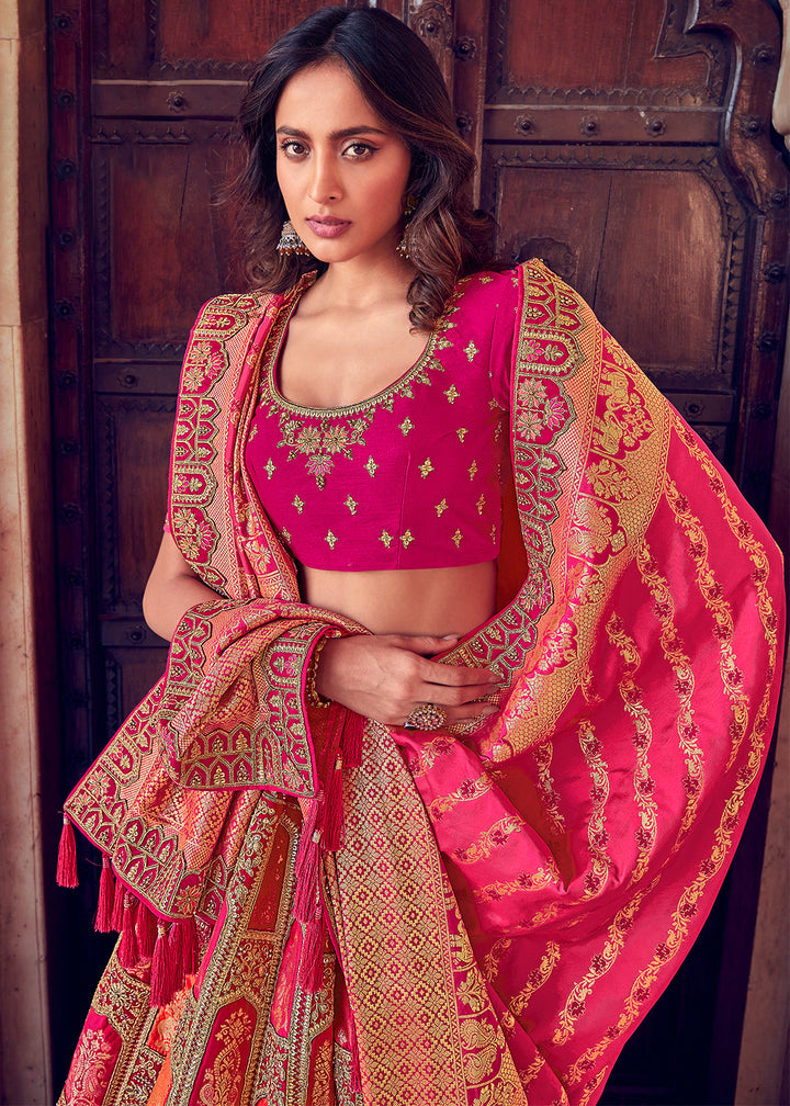 Raspberry Pink Banarasi Silk Lehenga with Zari, Sequins, Khatliwork & Detailed Embroidery