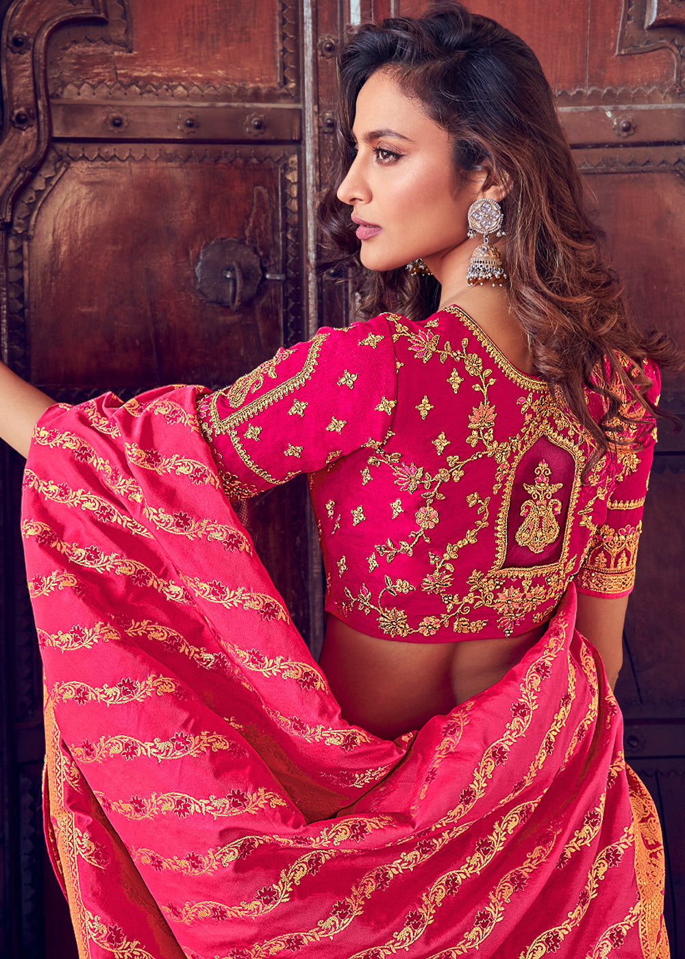 Raspberry Pink Banarasi Silk Lehenga with Zari, Sequins, Khatliwork & Detailed Embroidery