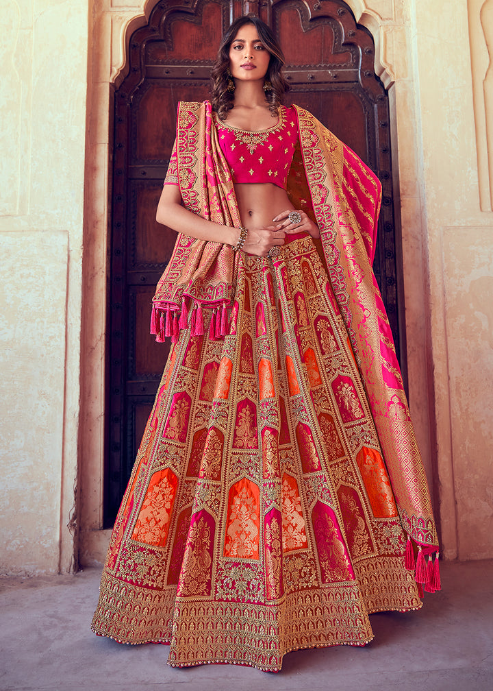 Raspberry Pink Banarasi Silk Lehenga with Zari, Sequins, Khatliwork & Detailed Embroidery