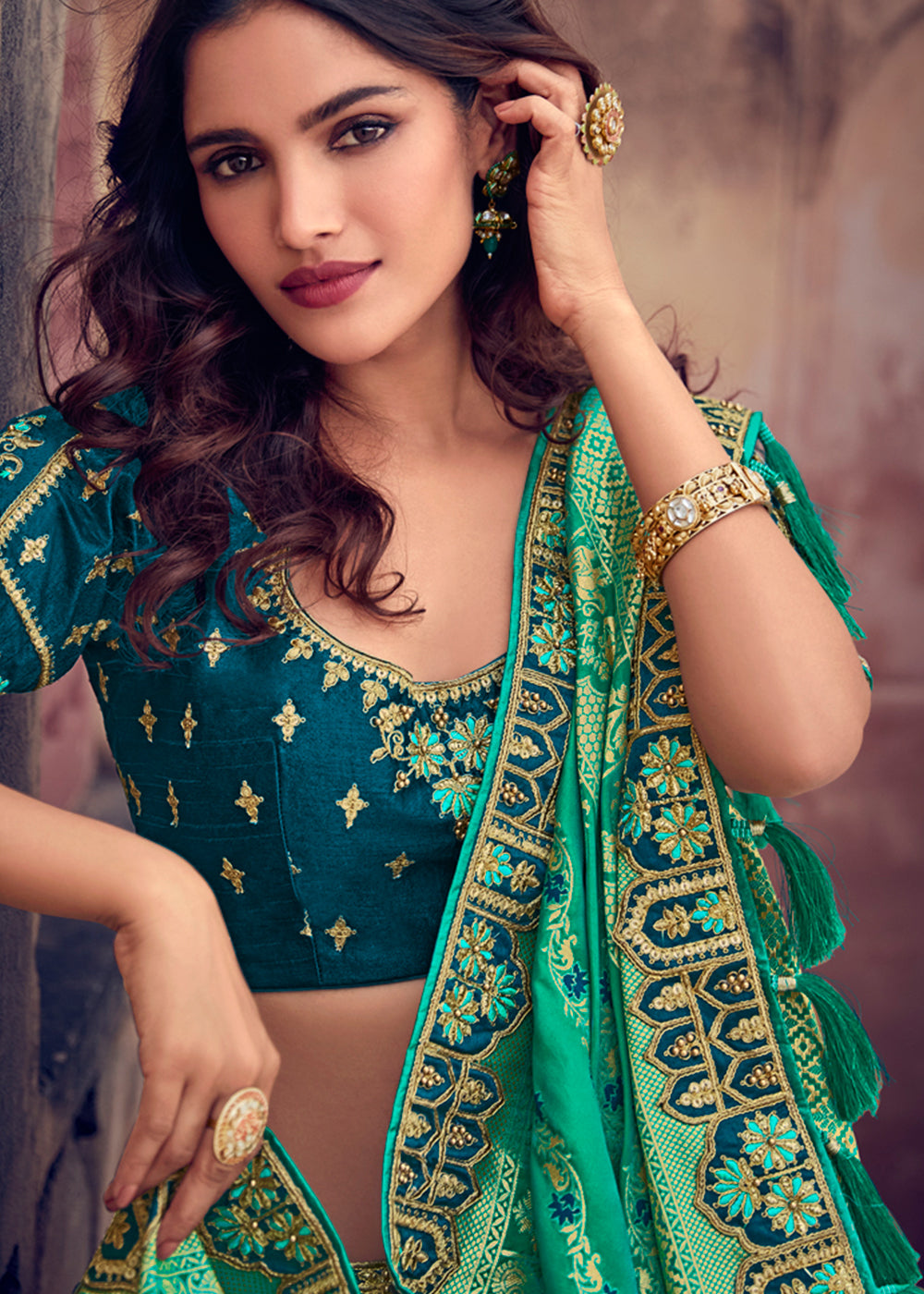 Green & Blue Banarasi Silk Lehenga with Zari, Sequins, Khatliwork & Detailed Embroidery