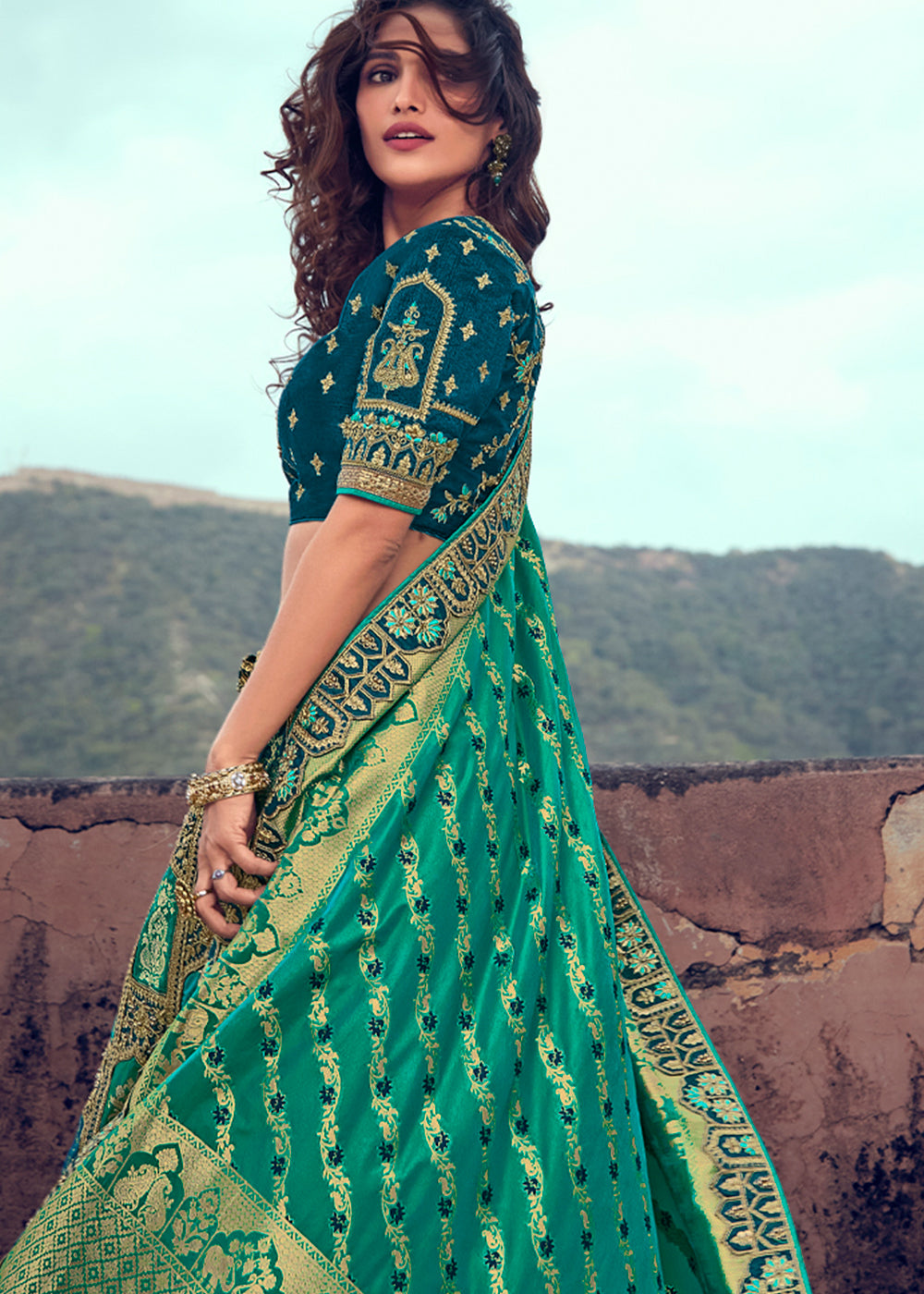 Green & Blue Banarasi Silk Lehenga with Zari, Sequins, Khatliwork & Detailed Embroidery