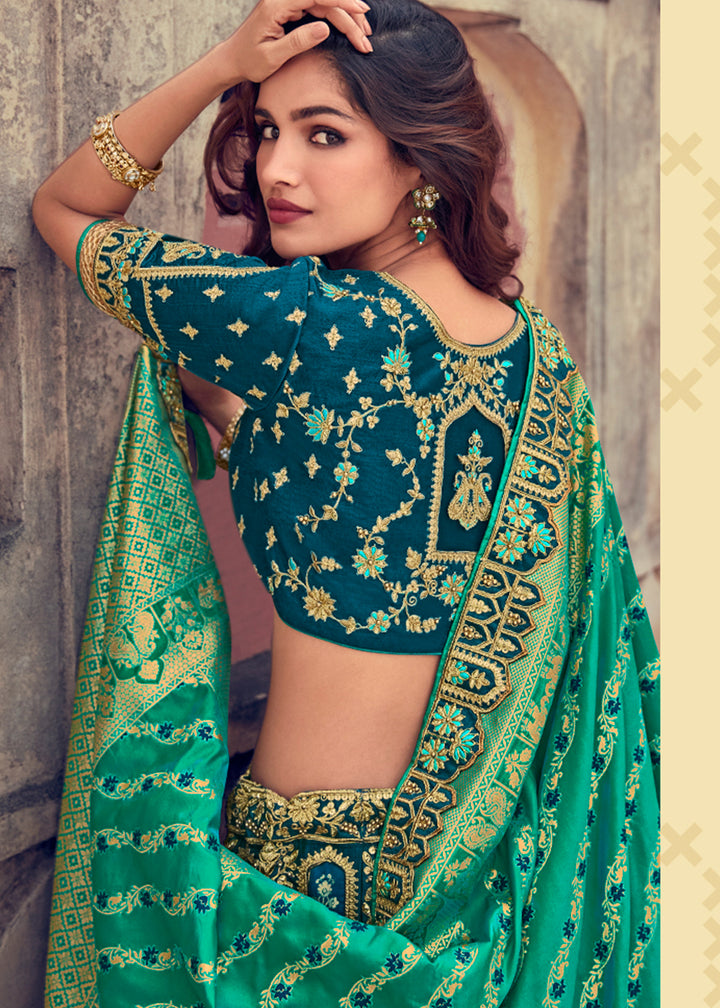 Green & Blue Banarasi Silk Lehenga with Zari, Sequins, Khatliwork & Detailed Embroidery