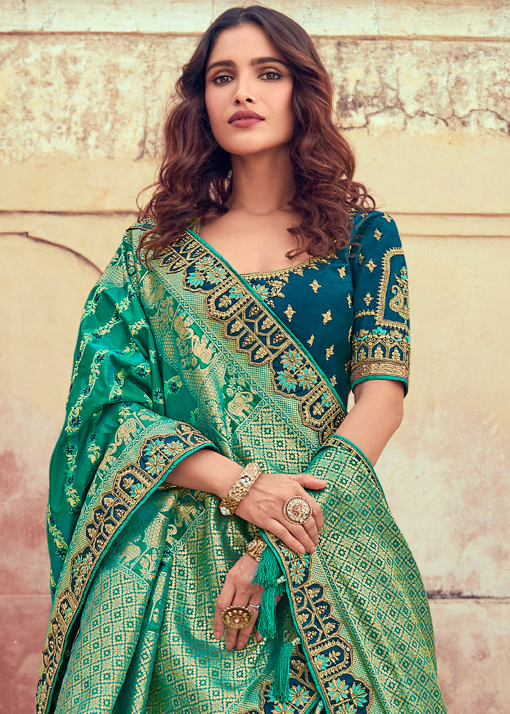 Green & Blue Banarasi Silk Lehenga with Zari, Sequins, Khatliwork & Detailed Embroidery