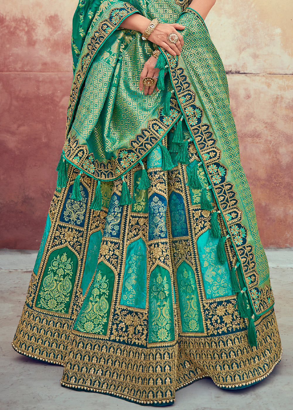 Green & Blue Banarasi Silk Lehenga with Zari, Sequins, Khatliwork & Detailed Embroidery