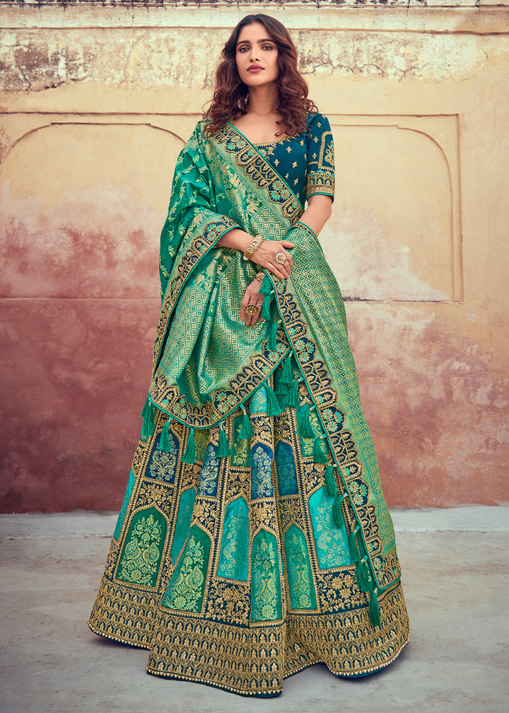 Green & Blue Banarasi Silk Lehenga with Zari, Sequins, Khatliwork & Detailed Embroidery