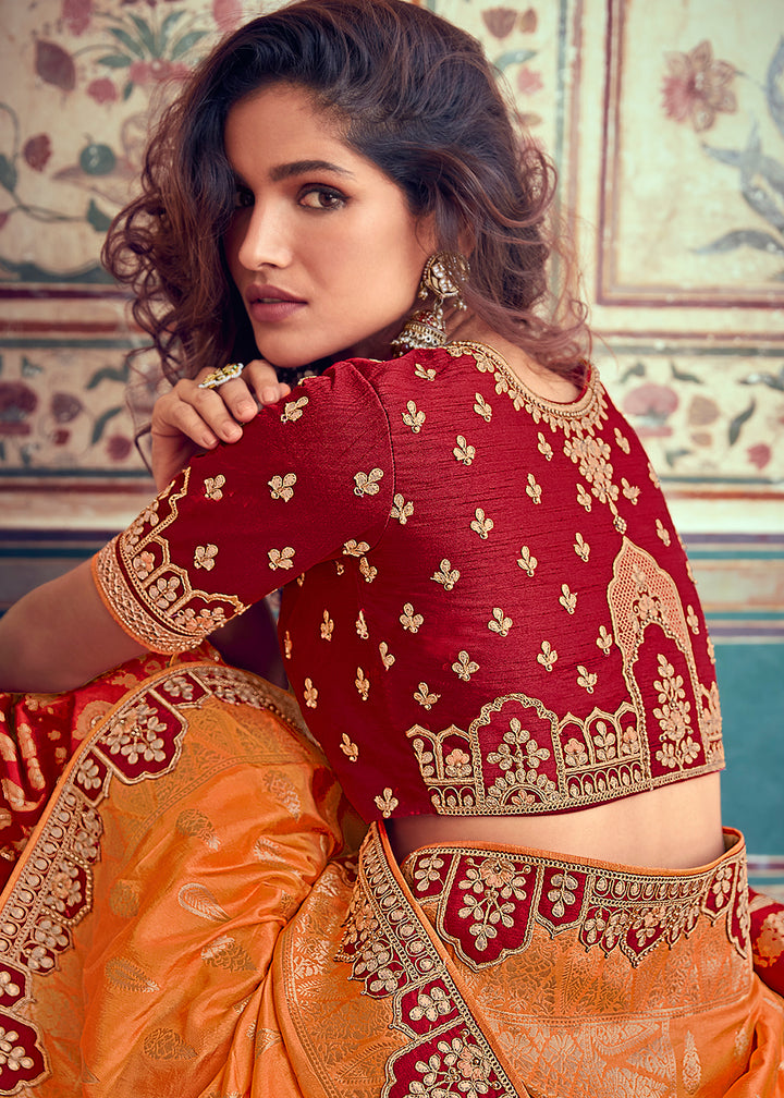 Tangerine Orange & Red Banarasi Silk Lehenga with Zari, Sequins, Khatliwork & Detailed Embroidery