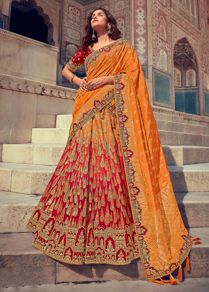 Tangerine Orange & Red Banarasi Silk Lehenga with Zari, Sequins, Khatliwork & Detailed Embroidery