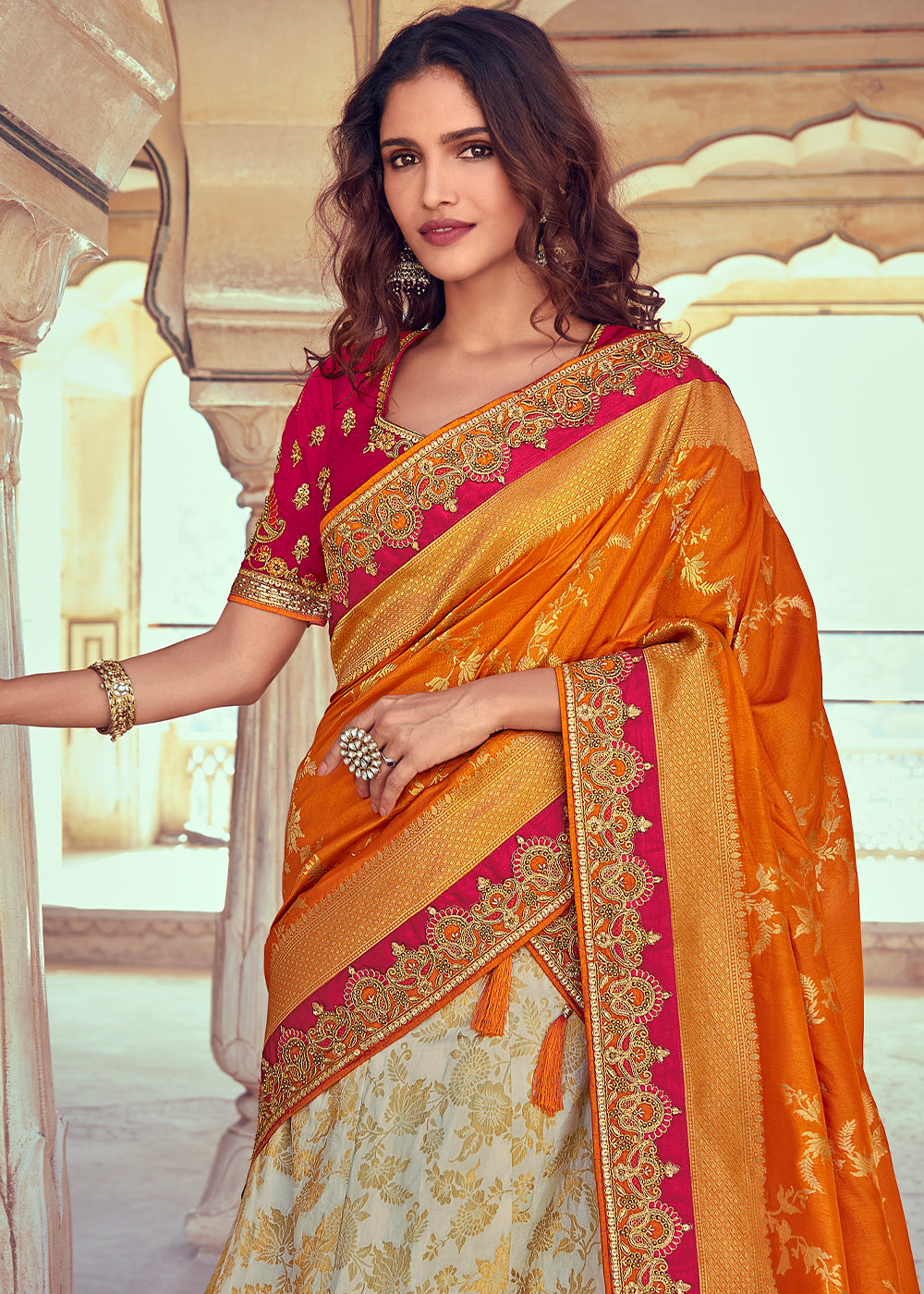 Mustard Yellow & White Banarasi Silk Lehenga with Zari, Sequins, Khatliwork & Detailed Embroidery