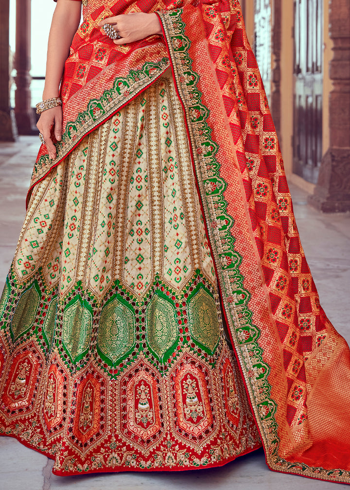 Parchment White & Red Banarasi Silk Lehenga with Zari, Sequins, Khatliwork & Detailed Embroidery